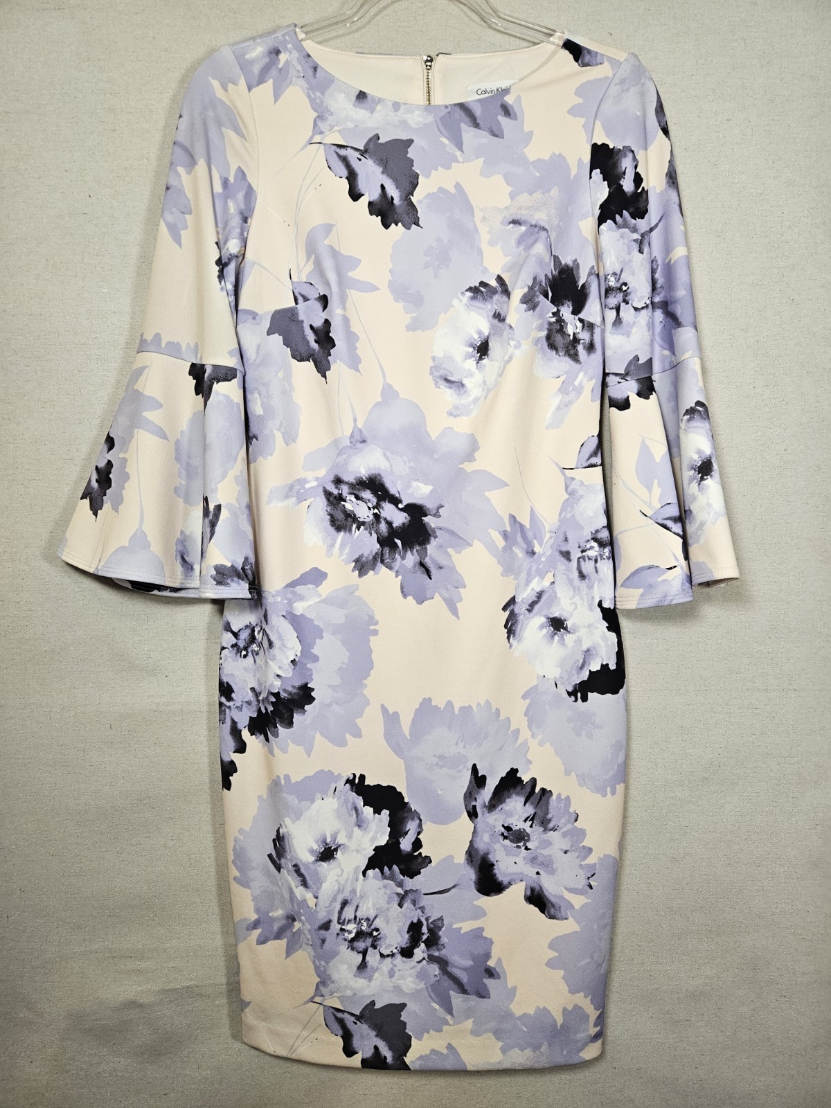 Calvin Klein Women's Purple Pink Floral Bell Sleeve Lined Sheath Dress Size 4
