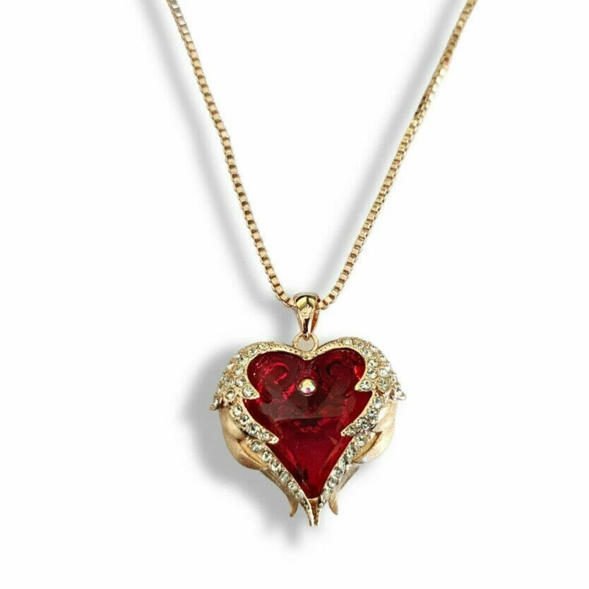 Rose Gold Finish Ruby Heart Cut Wings Created Diamond Necklace And Earrings - Image 3 of 4