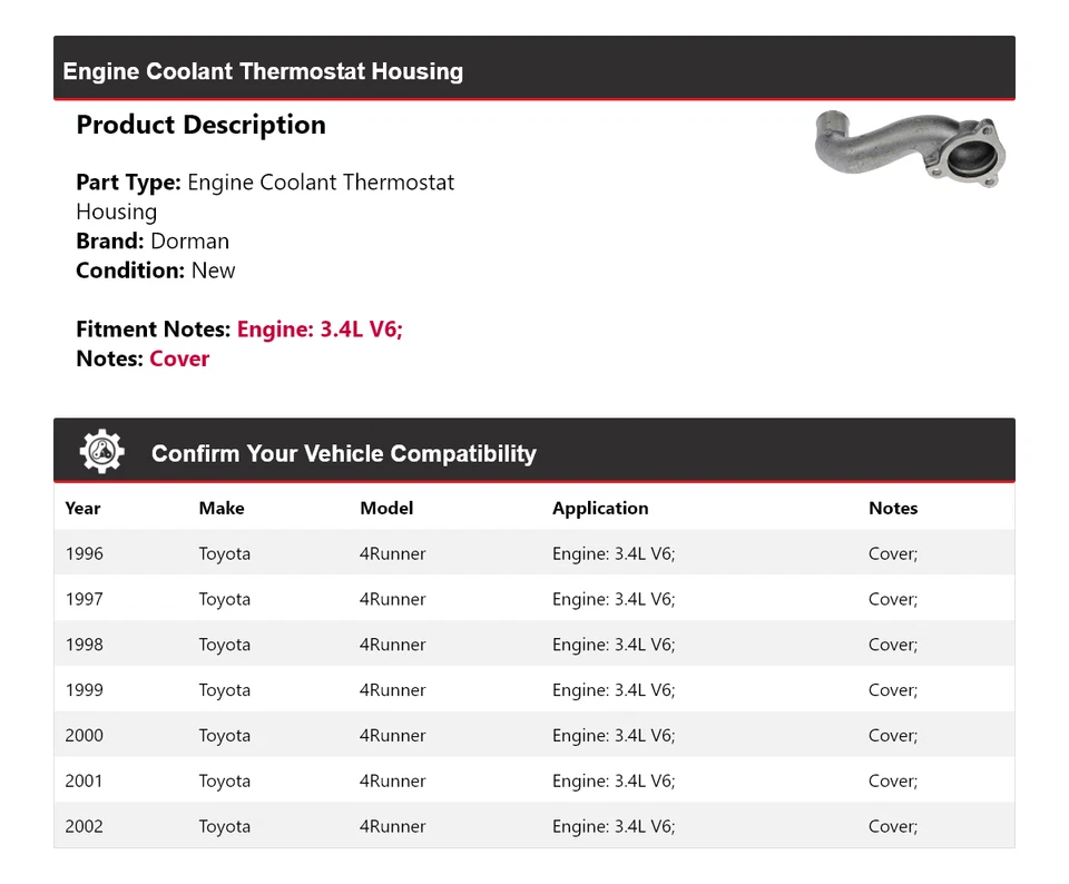 Carcasa termostato refrigerante motor Dorman V6 3,4 L Toyota 4Runner 1996-2002 Foto 2 de 4