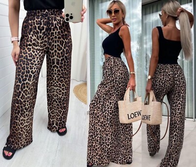Damen Frauen Palazzo Hose Leopard Animal Print High Waist Unterteil Hose