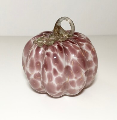 ART GLASS PUMPKIN MAUVE PINK GOLD ACCENTS HANDMADE DECORATION TWIST STEM NEW 