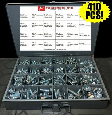 410 Pieces! Grade 5 Serrated Flange Bolt & Nut Assortment Kit Frame Screws Zinc