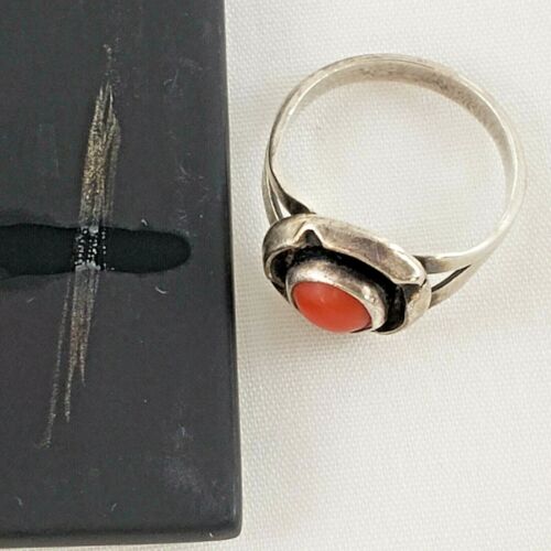 Anello tondo vintage argento pietra arancione cabochon 5,5 ossidato sud ovest non marcato - Foto 9 di 11
