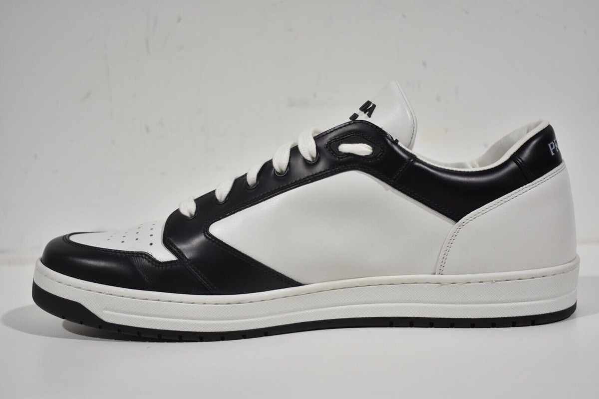 Prada District Leather White Black Triangle Logo Flat Low Prada District Leather White Black Triangle Logo Flat Low