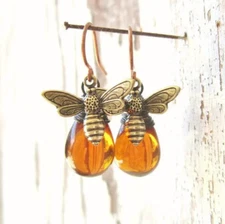 Vintage Honey Bee Drop Earrings Amber Gold Dangle Boho Jewelry Gift