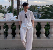 Men Summer Outfit 2-Piece Set Short Sleeve Shirt and Pants Sweatsuit Set