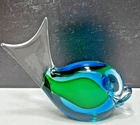 Murano Vintage Blue & Green Sommerso Large Cased Glass Fish Figurine Clear Tail