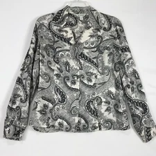 Austin Reed Womens Sz 6 Vtg Button Blouse 100% Silk Shirt Black White Paisley