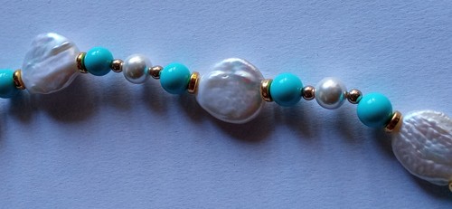 Collana perle irregolari di fiume+perle di majorca+tondi pasta di turchese+croce - Picture 15 of 16