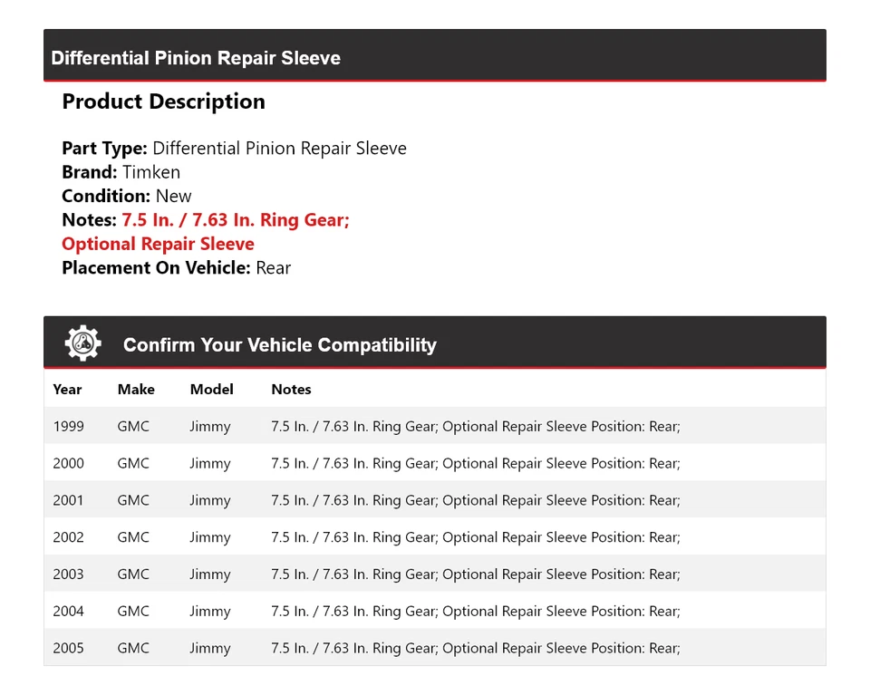 For 1999-2005 GMC Jimmy Differential Pinion Repair Sleeve Rear Timken 2000 2001 - Image 2 of 4
