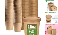  60 Pack 16 oz Paper Food Containers with Lids, Ice Cream Pint Containers, 16 