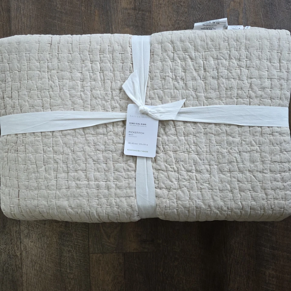 Edredón de algodón Pottery Barn Pickstitch KING LINO NUEVO Foto 2 de 4