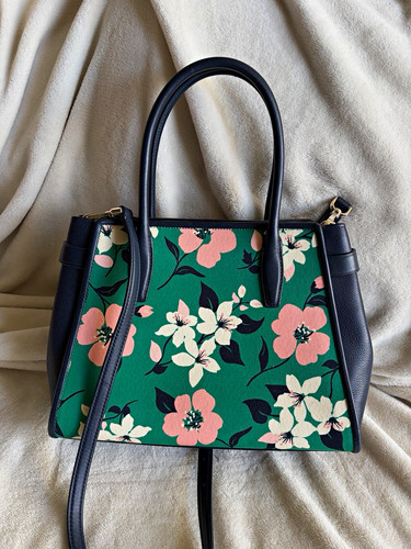 Women’s Green Floral Satchel Top Handle Bag, Zip Closure, Crossbody Strap