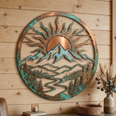 Mountain Sun Metal Wall Art, Rustic Landscape Decor, Round Nature Cabin Sign
