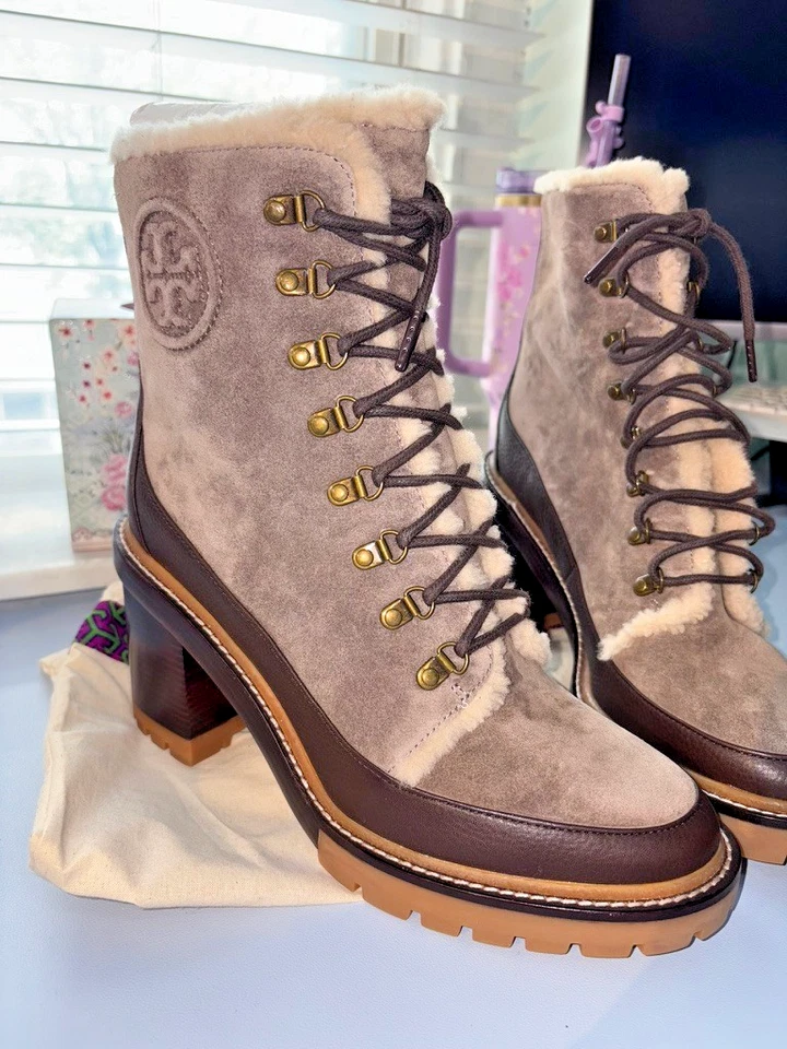 NUEVA Bota Tory Burch Miller Gris Gamuza/Cuero Marrón Suela 50MM Talla 11/42 Foto 2 de 4