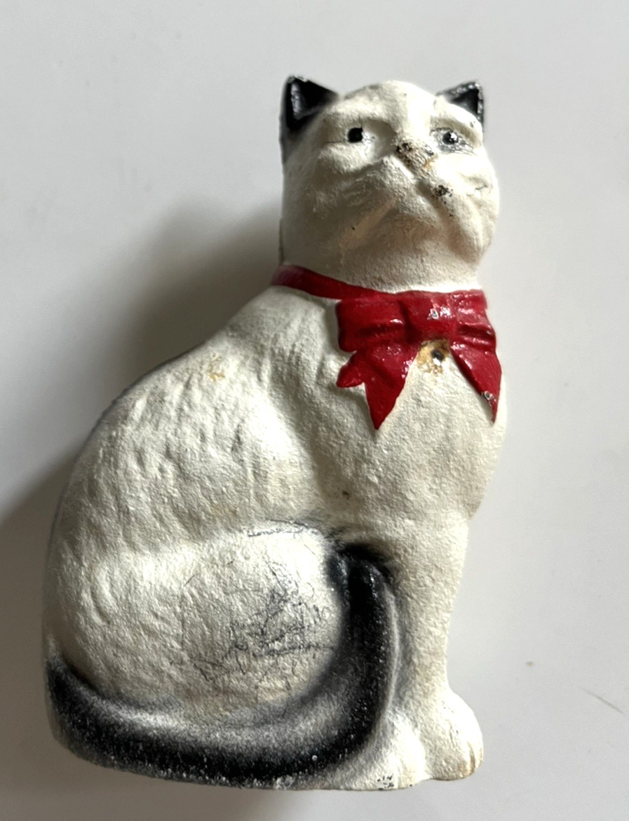 Vintage John Wright Cast Iron Still Bank Cat Red Bow Original Paint GREAT SHAPE