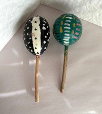 2 Vintage Mexican Folk Art Hand Made Painted Gourd Maracas Rattlers Shakers