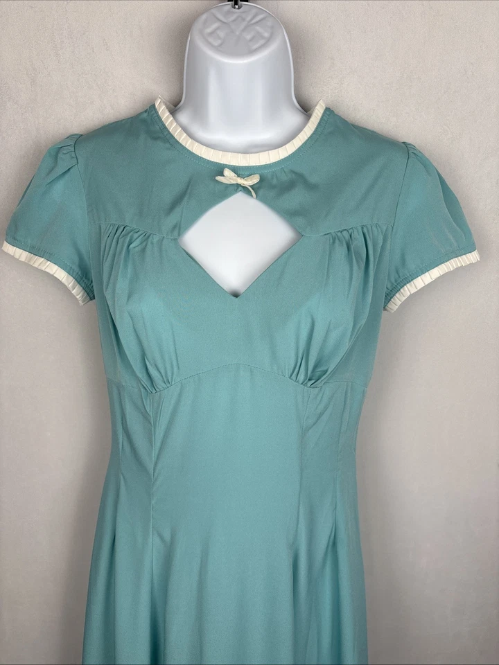 Hell Bunny Retro Midi Dress Size XS Blue Keyhole Neck Pleated Collar Rockabilly - Image 2 of 4