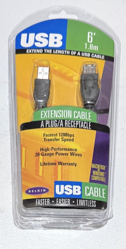 New Retail Packed Belkin 6' / 1.8M USB 1.1 A 12Mbps Male-Female Extension Cable