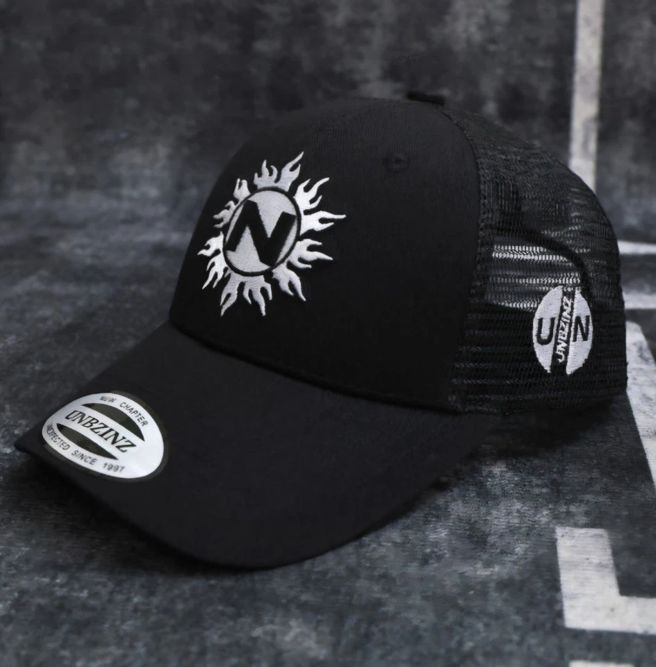 UNBZINZ Black Trucker Hat Sun Flame Embroidered Logo Mesh Snapback Cap Y2K Retro - Image 1 of 4