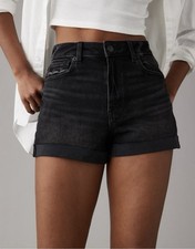 American Eagle Mom Shorts Women Black Denim Distressed High Rise Sz 00