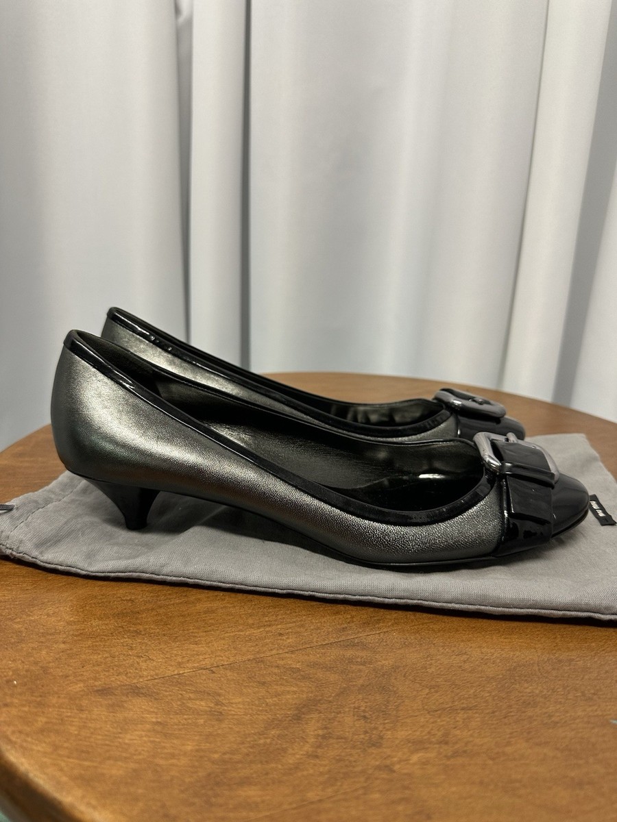 Miu Miu Kitten Heels New Size 41 Black Patent Leather Pewter Round