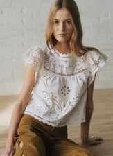Sezane exquisite embroidery hollowed out small flying sleeve shirt and skirt