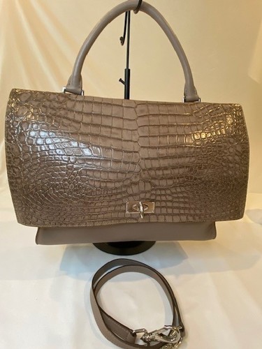 GIVENCHY Medium Crocodile Embossed Shark Lock Bag Satchel Taupe Leather & Suede