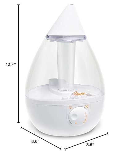 Crane White Teardrop Cool Mist Humidifier, 1 Gal Ultrasonic Auto Shut-Off