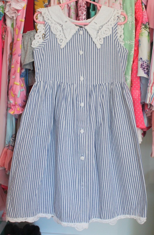 Allison Rose Girls 5 Blue & White Striped Lined Sailor Style Dress White Lace