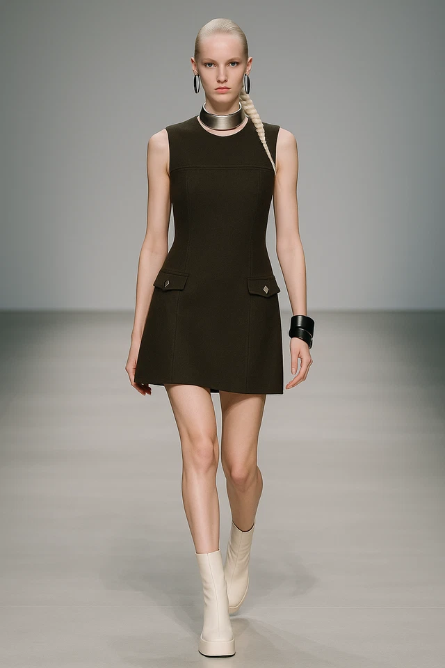 Vintage Apostrophe Wool Cashmere Dress Brown Sleeveless Shift Mini Dress Size 36 - Image 2 of 4