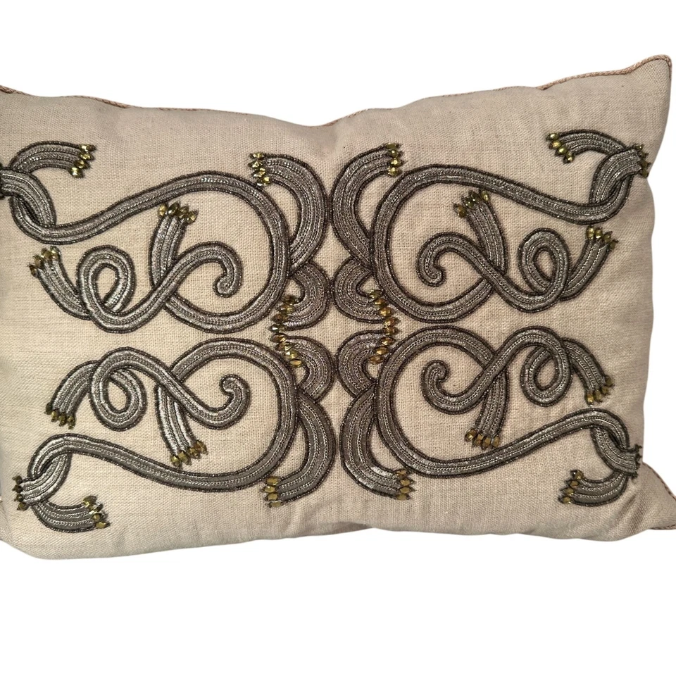 Ethan Allen Beaded Embroidered Throw Pillow Linen Rectangular Decorative Accent - Image 2 of 4