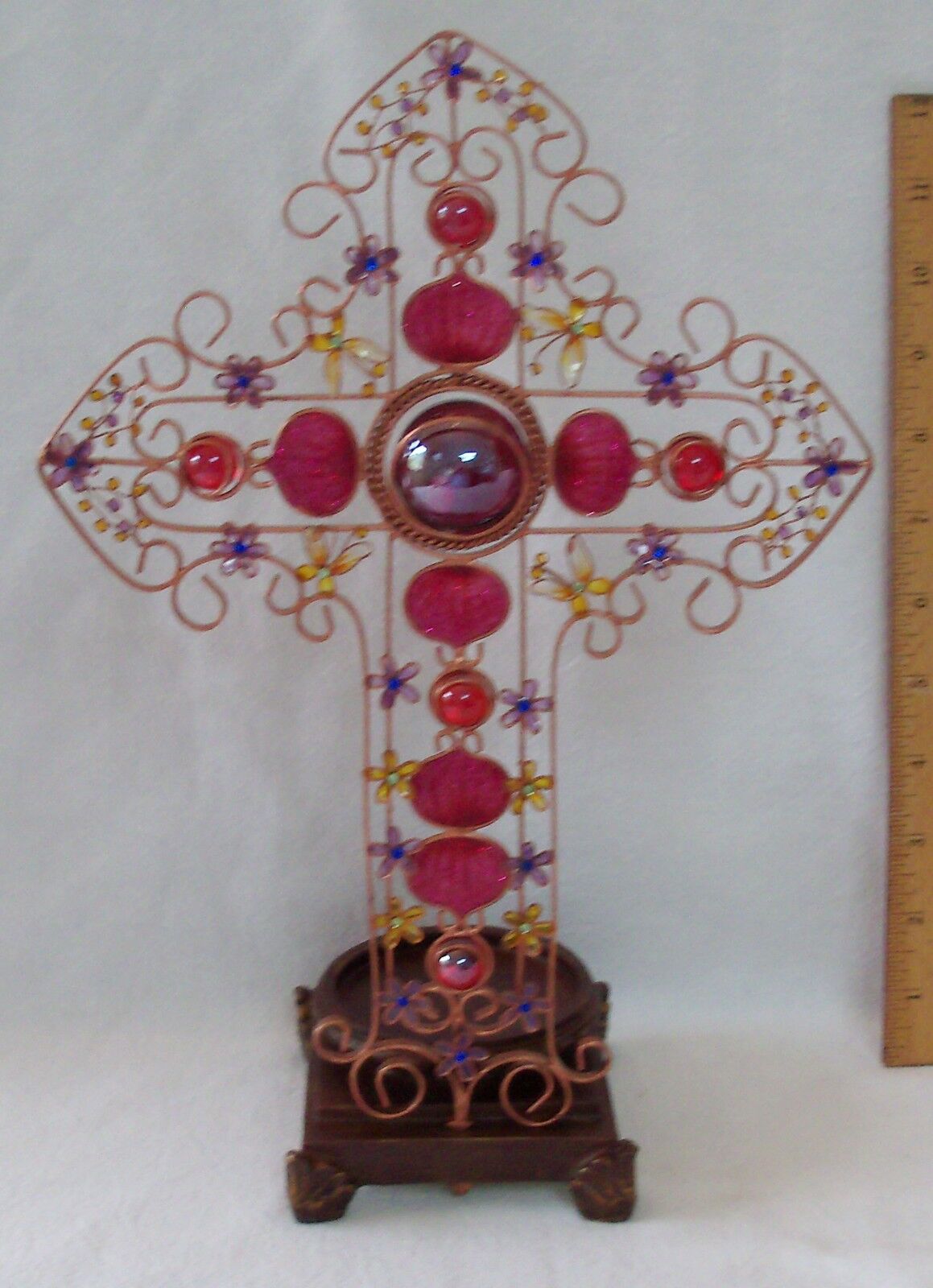COPPER PLATED CROSS Ranking TOP9 FIGURE CANDLEHOLDER New Free Shipping W LOOK STAINED GLASS