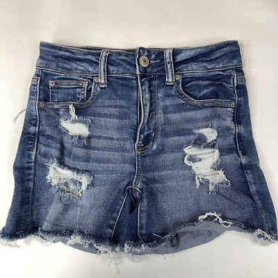 American Eagle Women’s Hi Rise Shortie Shorts Jean Distressed Stretch  #1391