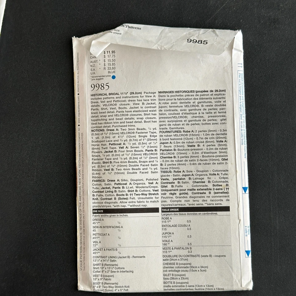 Vogue Craft Pattern 9985 11.5" Fashion Doll Clothes Historical Bridal 90s - Image 3 of 4