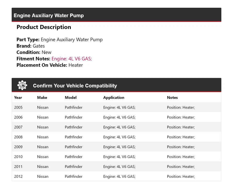 For 2005-2012 Nissan Pathfinder Engine Auxiliary Water Pump Heater Gates 2006 - Image 2 of 4