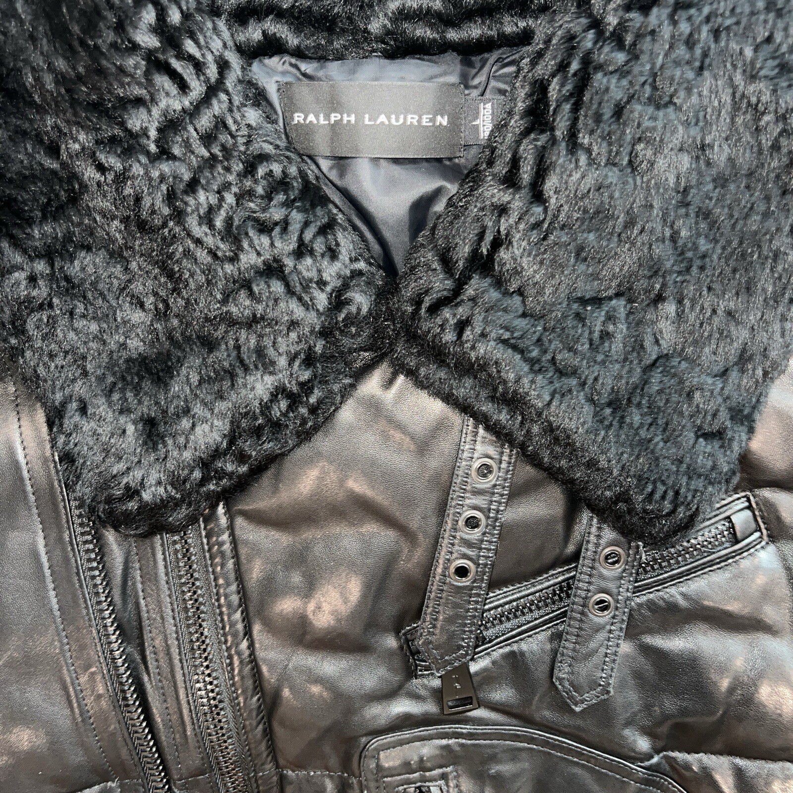 Ralph Lauren Black Label Moto Lambskin Leather Shearling Down Bomber Jacket L image 2