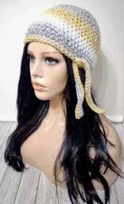crochet womans handmade biker skull hat beanie chemo honey yellow gray USA made