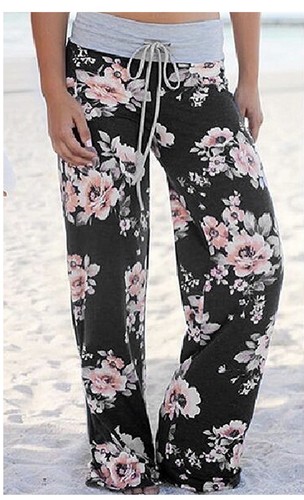 NEWCOSPLAY Women's Comfy Floral Print High Waist Drawstring Palazzo PANTS SMALL - 第 3/4 張圖片
