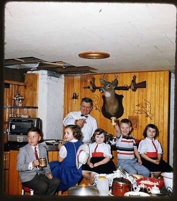 Dad and 5 children at basement bar  - 1960 Stereo Realist slide #271