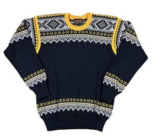 Vintage 80s Demetre Virgin Wool Patterned Ski Crewneck Sweater Small Yellow