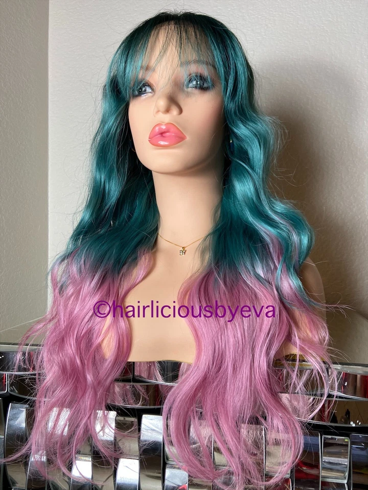 "Peluca arco iris pastel ombré verde rosa raíces oscuras encaje frontal 24"" largo capa ondulada" Foto 4 de 4