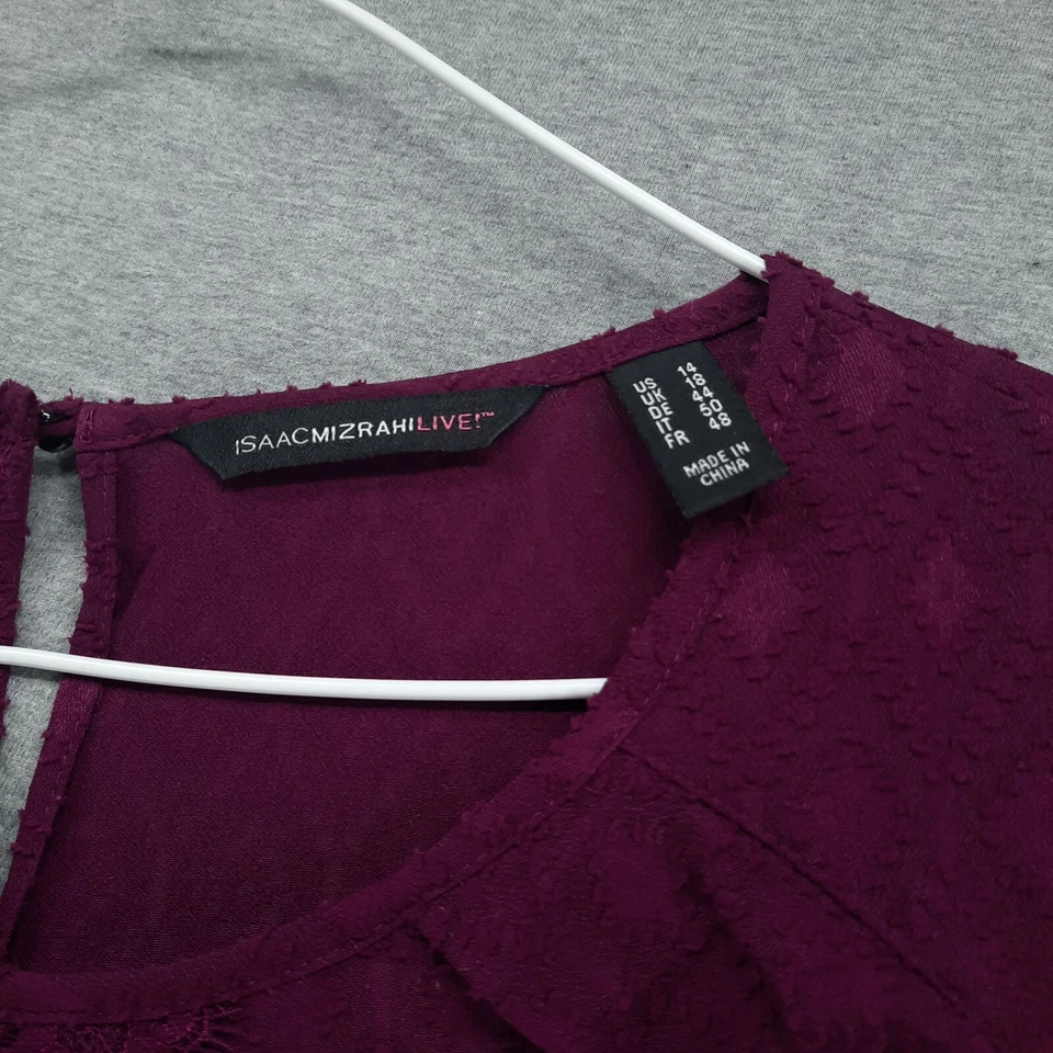 Blusa Isaac Mizrahi Live para mujer 14 púrpura texturizada forrada encaje cuello trasero botón Foto 2 de 4