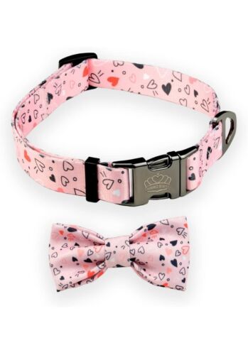 Large Adjustable Dog Collar with Pink Hearts & Detachable Bow Tie CROWNED BEAUTY - Picture 1 of 12