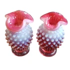 Two Matching Early Fenton Hobnail Cranberry Opalescent Glass Bud Vase Pair