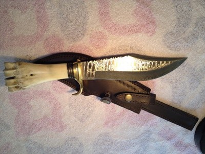 5  Camel Bone and Brass Handle With 8  Damascus Carbon Steel Blade, Knife