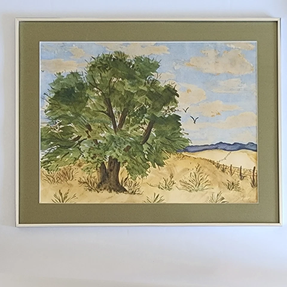 Pintura Acuarela ORIGINAL VINTAGE FIRMADA Arte Paisajístico Enmarcado Gran Colina Árbol Foto 2 de 4
