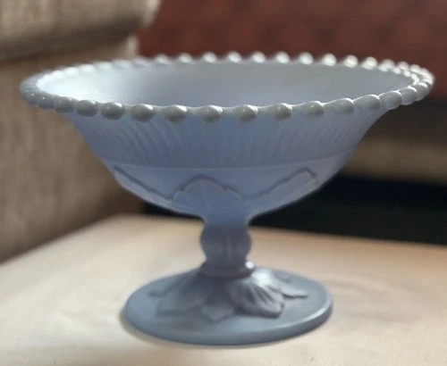 VNT Blue Satin Milk Glass Pedestal Compote Candy Dish Fruit Bowl Pedestal Base