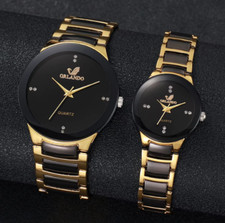 Luxury Couple Watch Set Gold Black Quartz His  Hers Wristwatch Gift