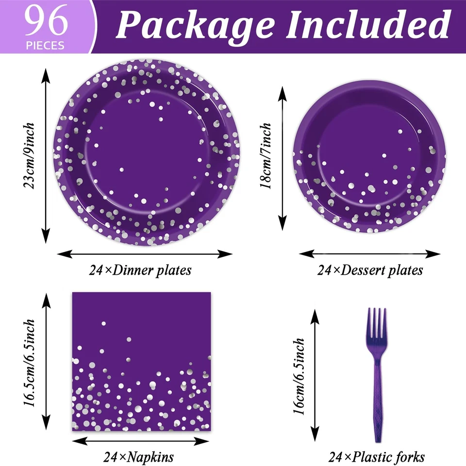 96 Piezas Platos y Servilletas de Fiesta Púrpura y Plata Suministros de Fiesta Punto Plateado o... Foto 2 de 4